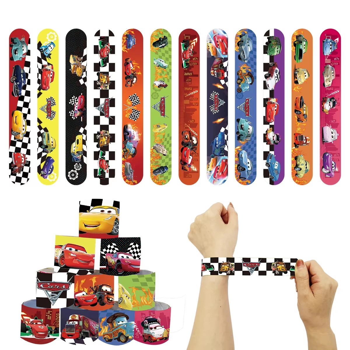 Cars Party Favors Supplies Lightning McQueen Party Stamps Slap Bracelets Stickers Keychains for Kids Gifts Goody Bags Souvenir