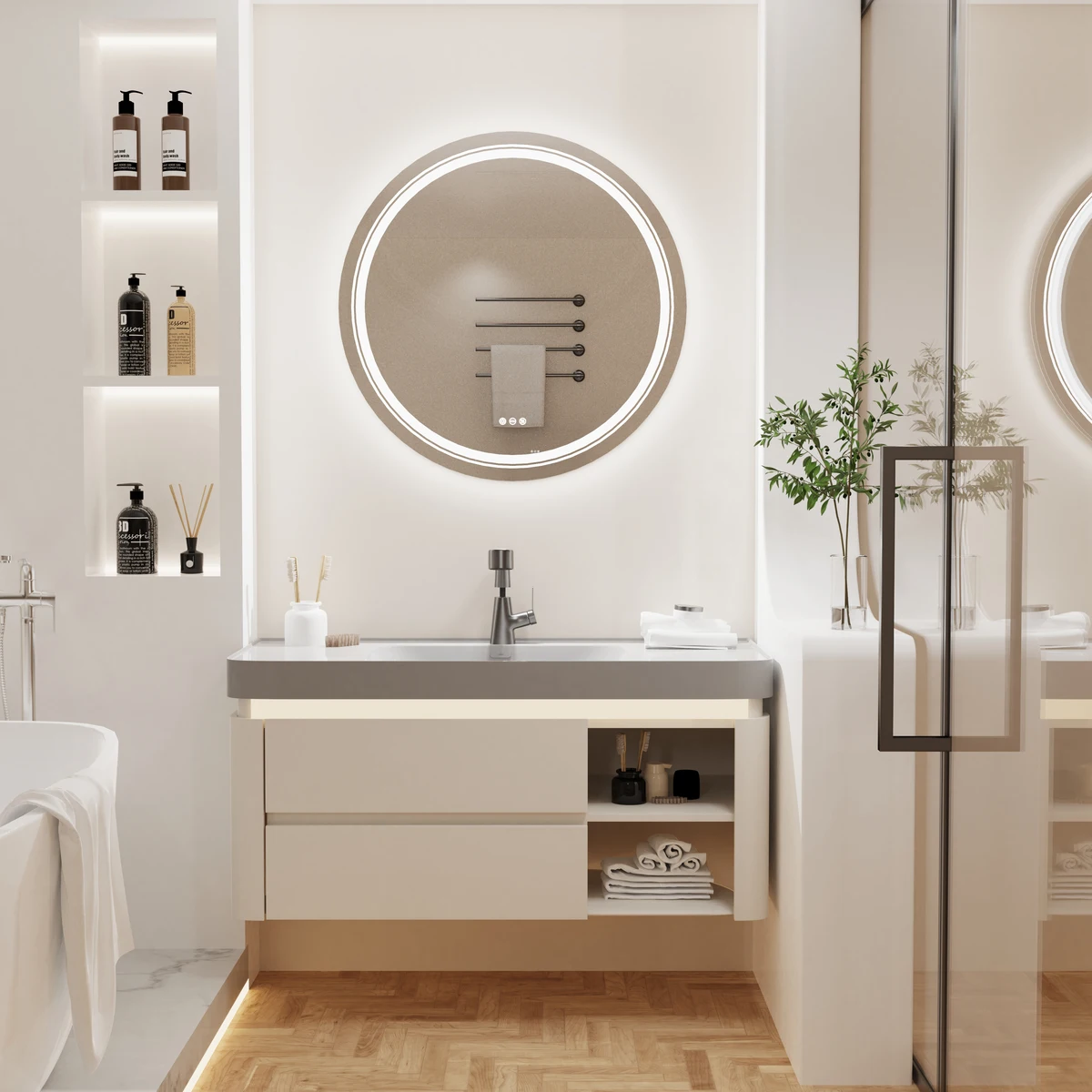 600mm LED Round Wall Mounted Vanity Mirror with Demister Pad Smart Touch Sensor Memory Function Backlit Front Lighted 3 Colors — view 3