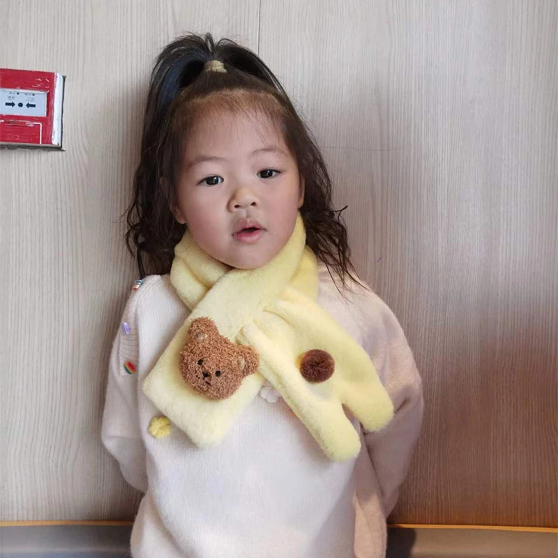 Cartoon Bear Baby Plush Scarf Winter Faux Rabbit Fur Thick Cross Scarves Cute Korean Kids Boys Girls Warm Neckerchief