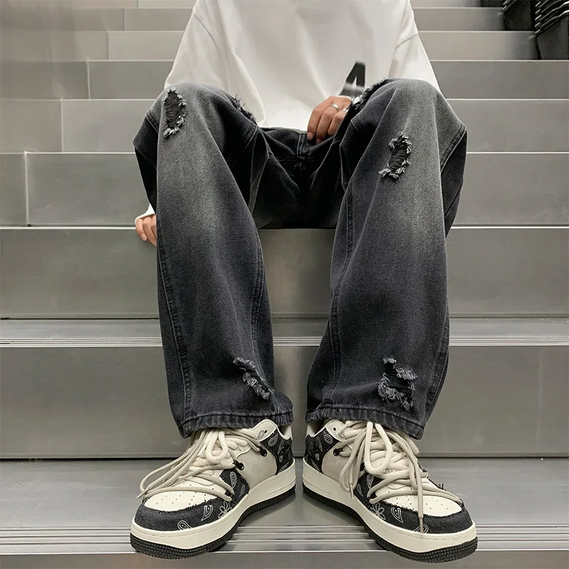 Four Seasons Men's Vintage Straight Wide Leg Casual Denim Trousers Loose Hole Patch Black Jeans Pants Male  Men's Streetwear 2