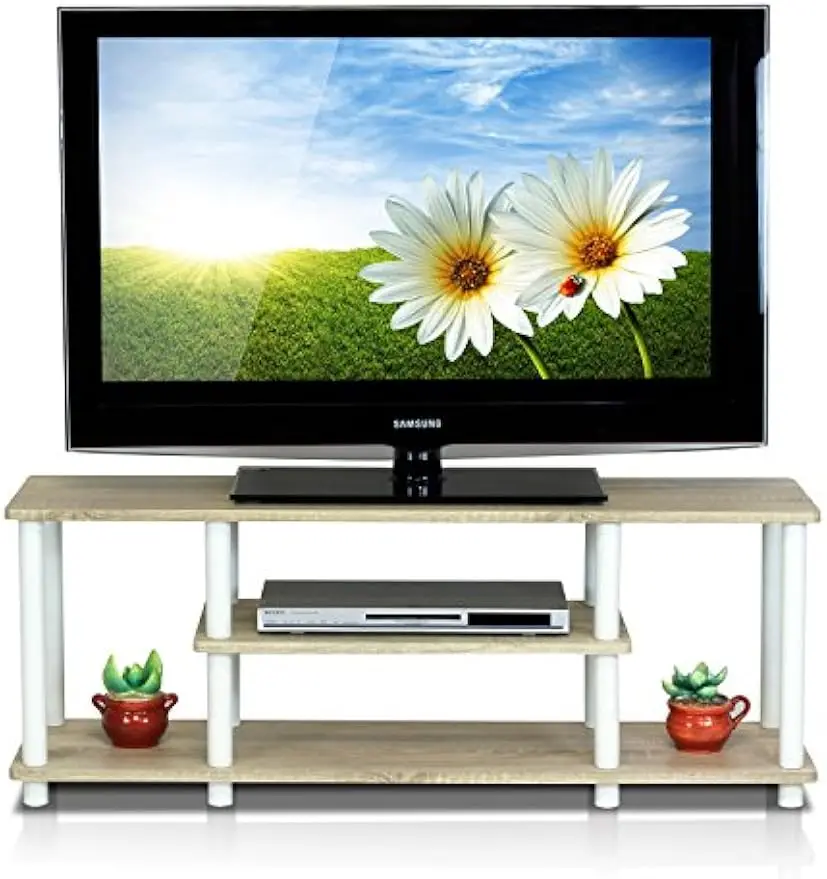 3-Tier No-Tools TV Stand for 50" TVs with Round Tubes + 2 End Tables, Turn-N-Tube Design, Sonoma Oak/White, Simple Assembly
