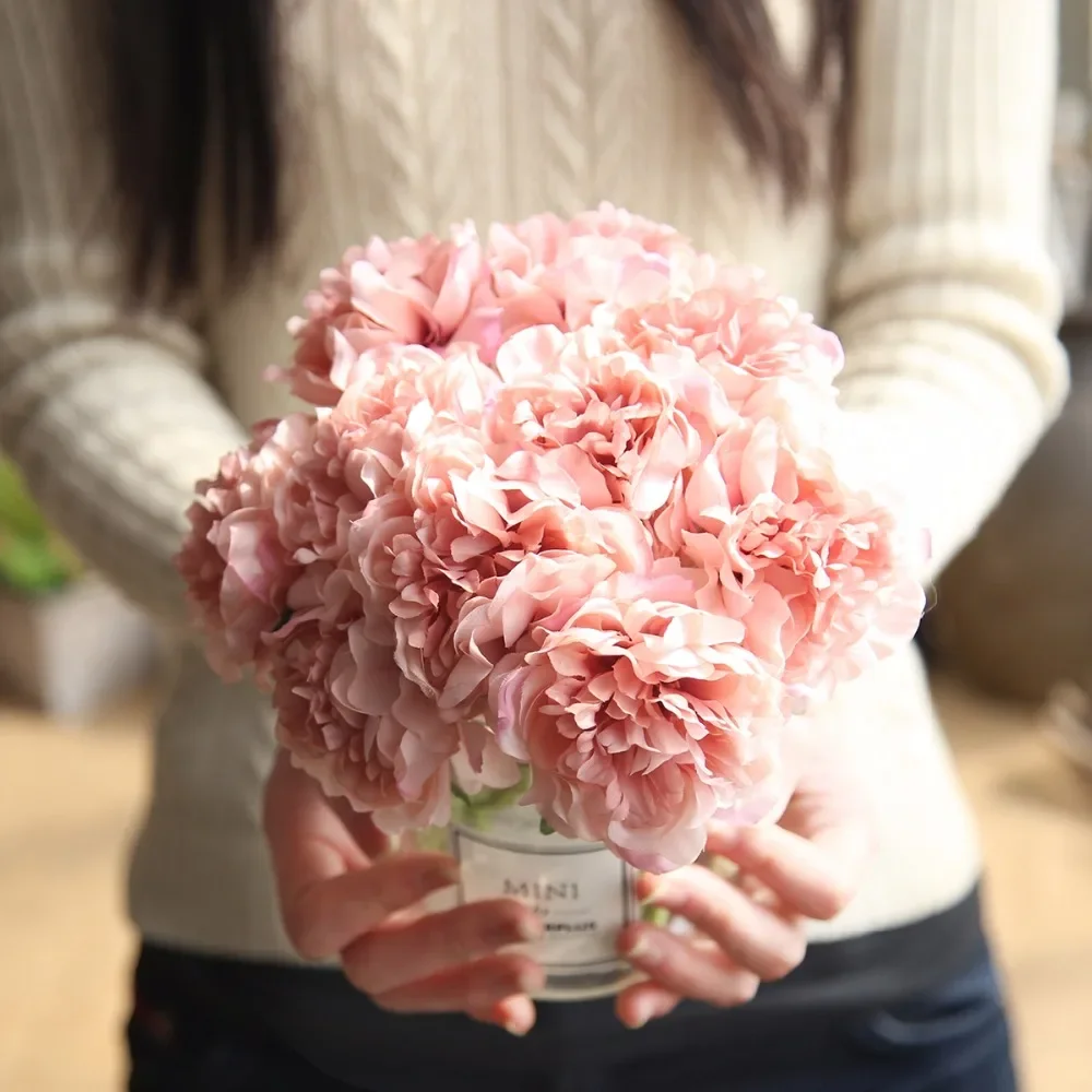 Künstliche Blumen Pfingstrosen strauß für Hochzeits dekoration 5 Köpfe Pfingstrosen gefälschte Blumen Wohnkultur Seide Hortensien billige Blume – Detail 1