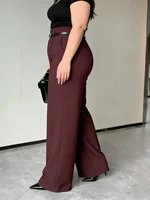 Plus Size Women's Pants High Waist Belted Solid Pintuck Wide Leg Bottoms Elegant Spring Summer Office Stretchy Bottoms - Image 4