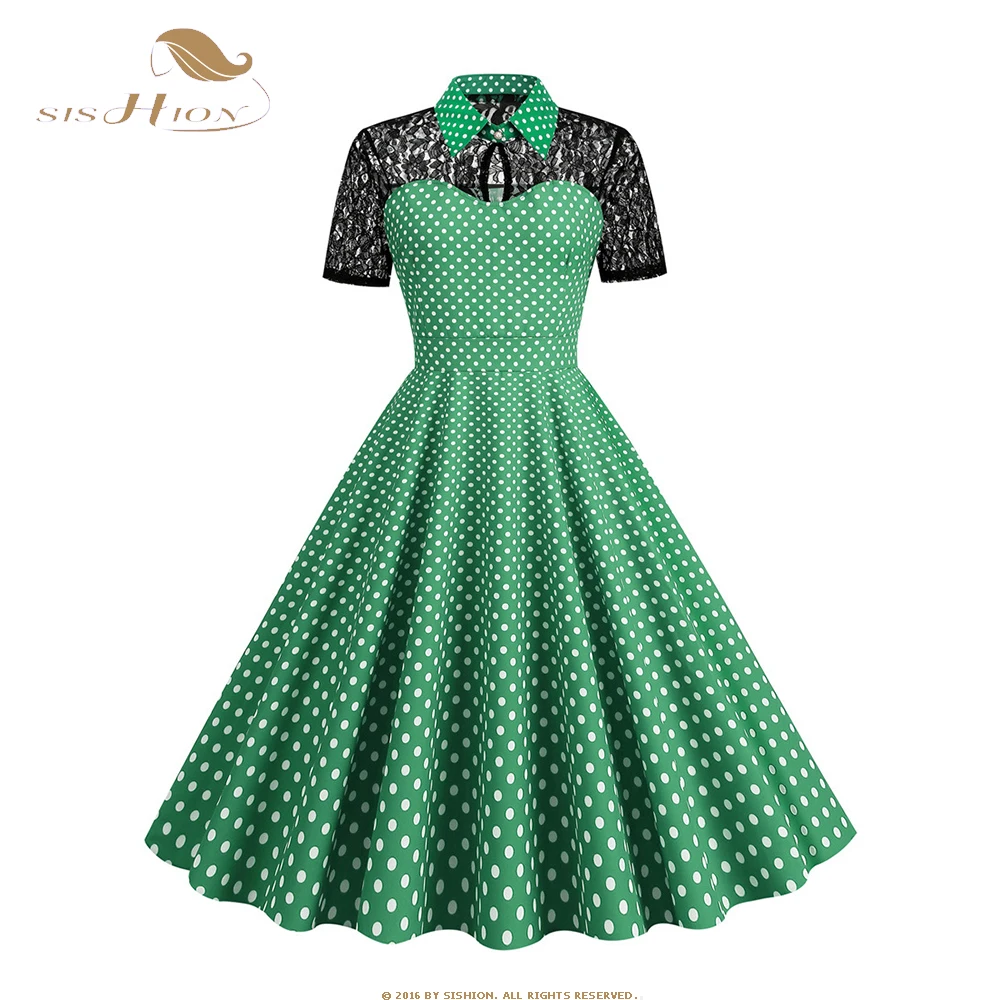 

Polka Dot Lace Vintage Women Summer Party Dress Turn-Down Collar Short Sleeve Elegant Vintage Rockabilly Dress SR512