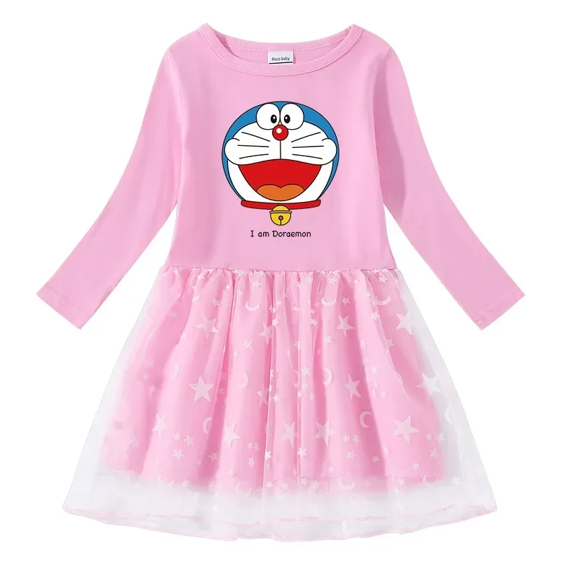 Doraemon Spring and Autumn New Cross-border Girls Dress Cotton Print Cartoon Star Moon Mesh Long Sleeve Princess Dress