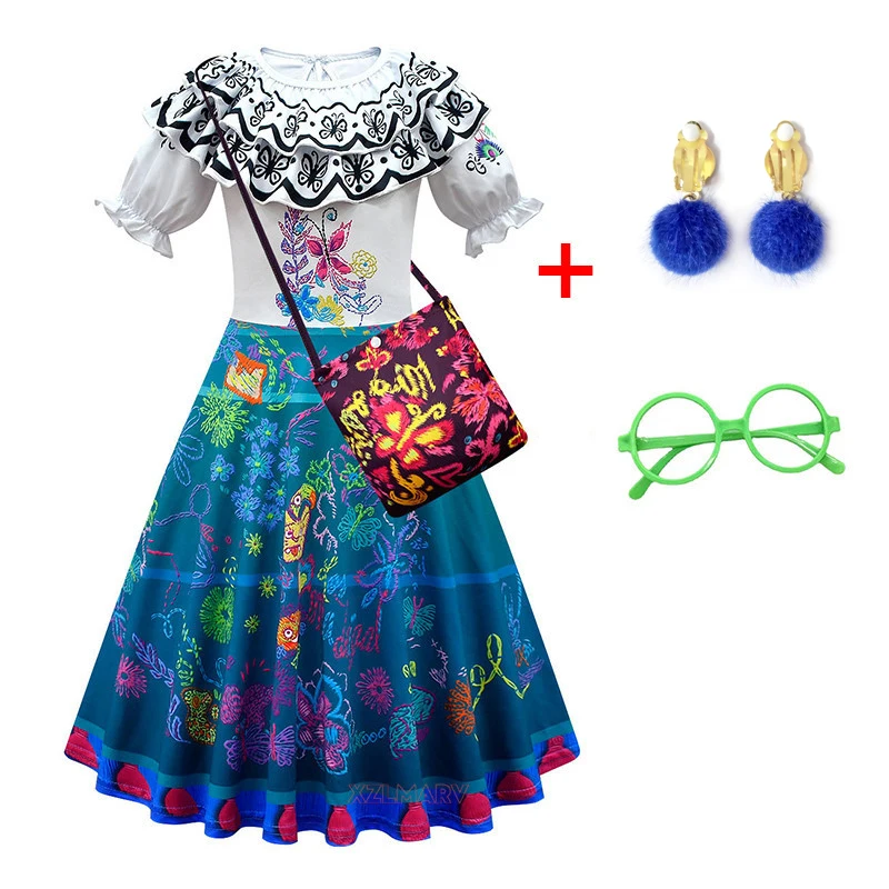 Bambini Mirabel Costume Cosplay Abiti Da Ragazza Abiti Con Ciondoli Per Carnevale Halloween Princess Dress Occhiali Earings Costume Madrigal