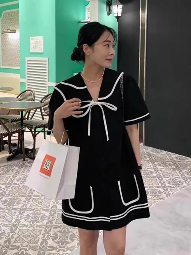 

Женское контрастное платье с бантом, элегантное асимметричное платье в Корейском стиле с V-образным вырезом и короткими рукавами, лето 2024