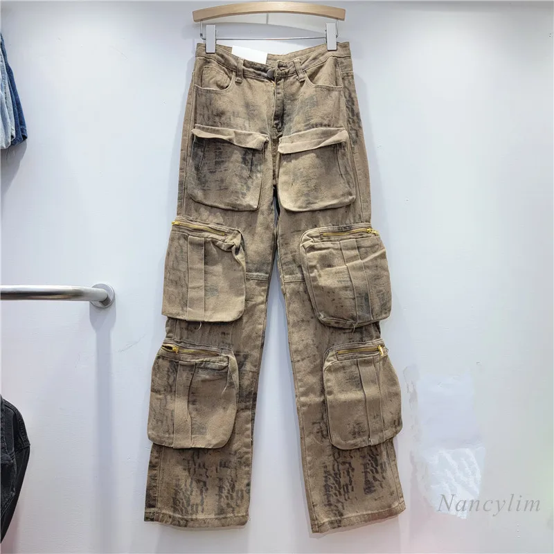Autumn Multiple Pockets Pants Women New Retro Design Pocket Wide Leg Jeans Camouflage Loose Workwear Pants Washed Trousers 2023