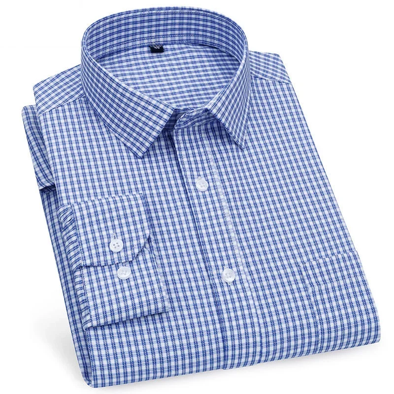 Dress Shirts Men Casual Shirts Mens Business Casual Long Sleeved Shirt Classic Plaid Striped Checked Male Social Dress Shirts for Man Purple Blue