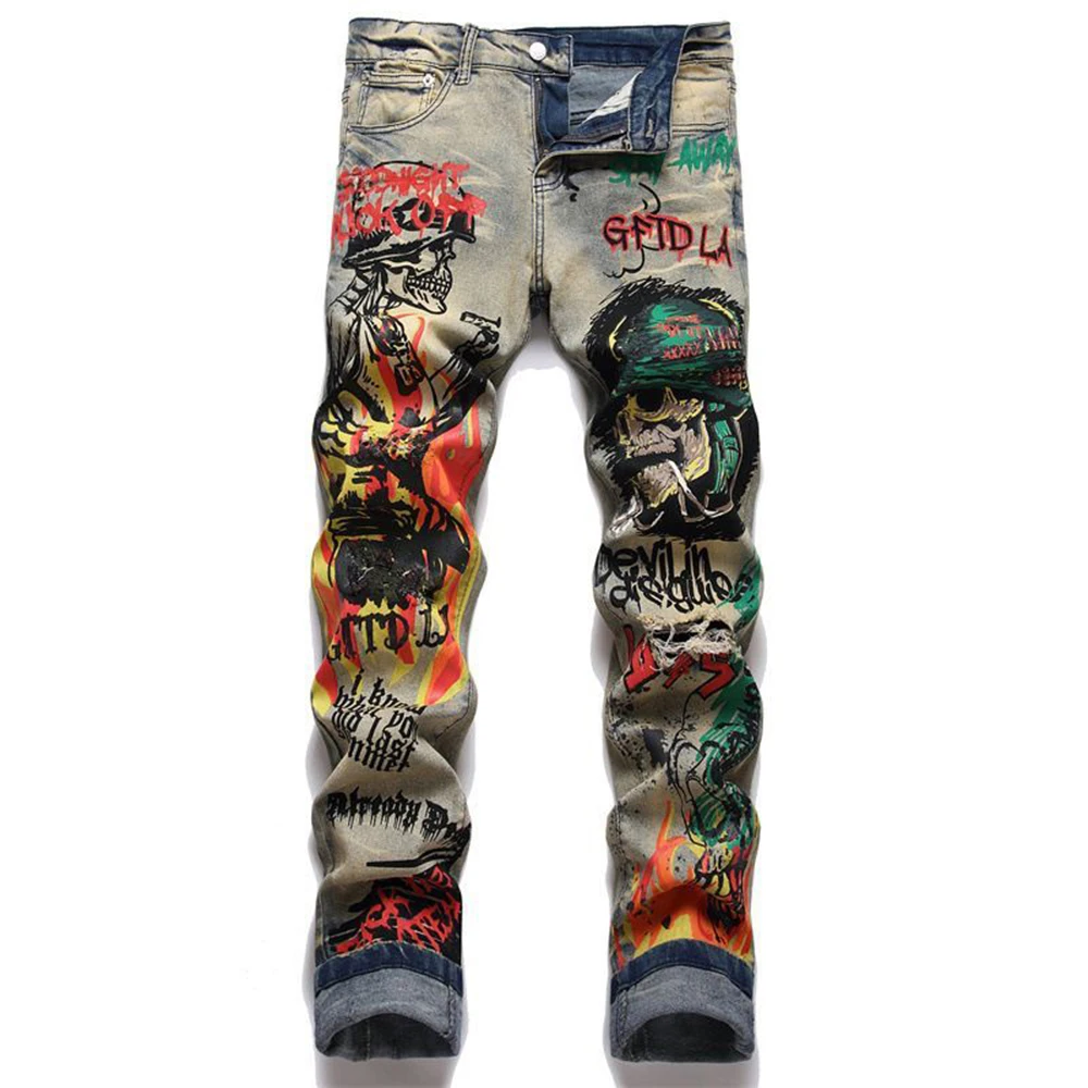 Men Print Stretch Denim Jeans Streetwear Skull Flame Painted Graffiti