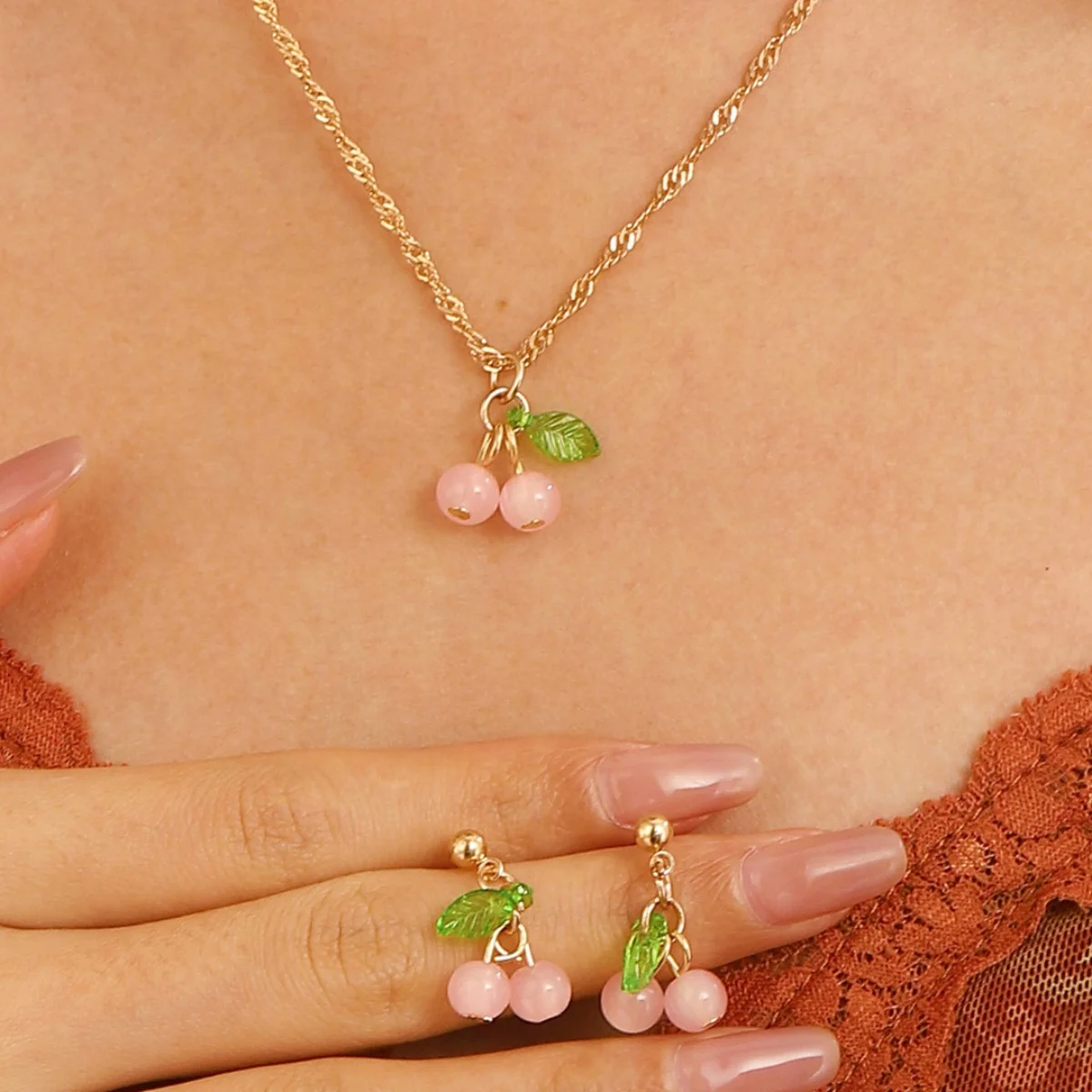 Cherry Red Elegant Jewelry Set with Necklace and Earrings