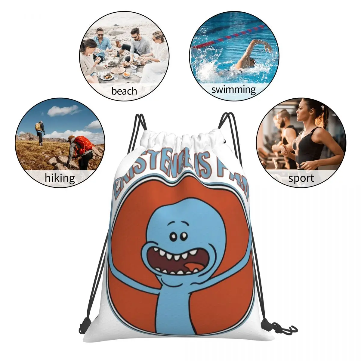 Mr Meeseeks 존재 통증, 재미있는 노벨티 드로스트링 백, 배낭 여행 메쉬 가방, 맞춤형 파우치, 맞춤형 배낭