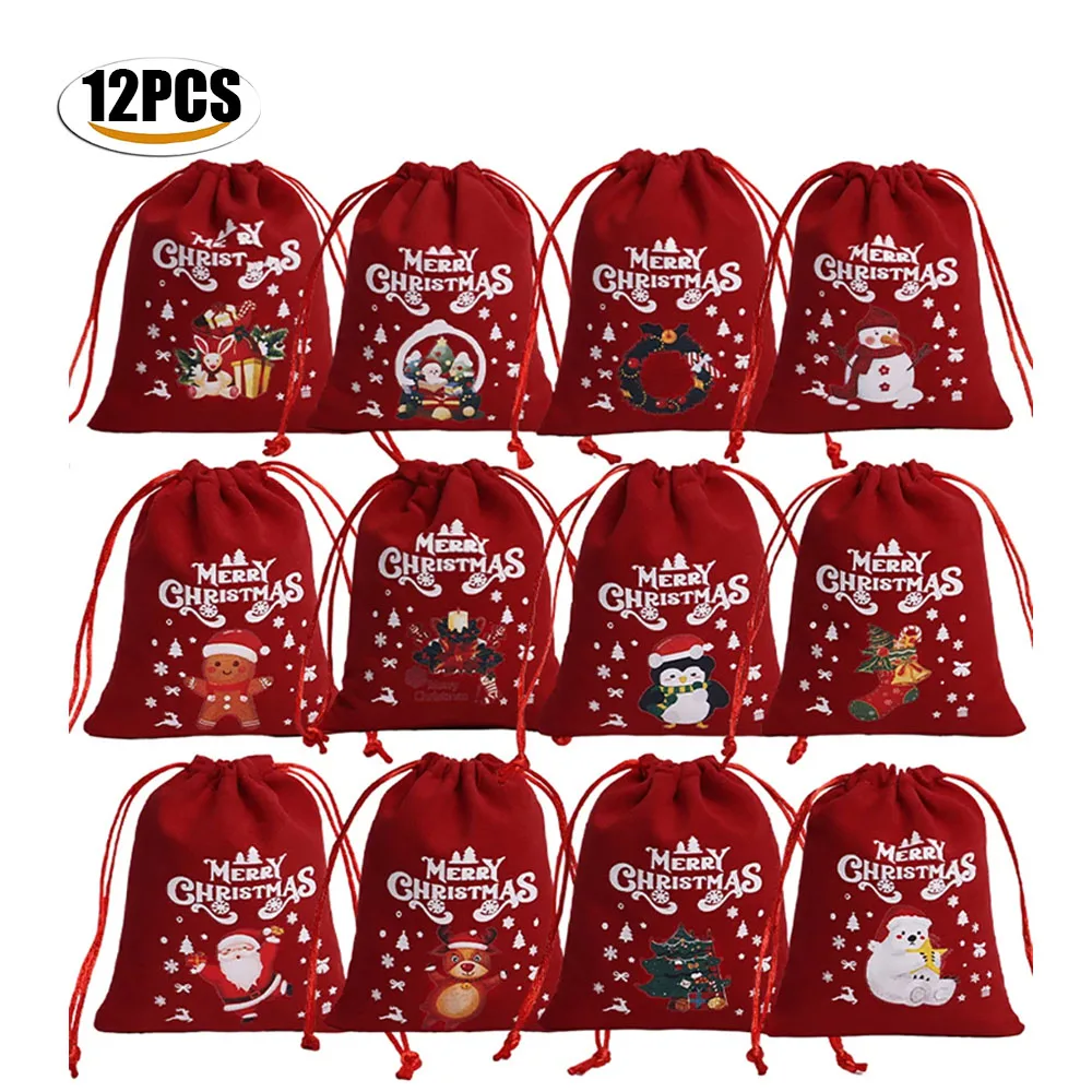 12pc Christmas Velvet Bags Drawstring Pouch Candy Snack Gifts Bag for Xmas New Year Party Bracelet Jewelry Packaging Storage Bag velvet gift bags,christmas gift bags,gift bags