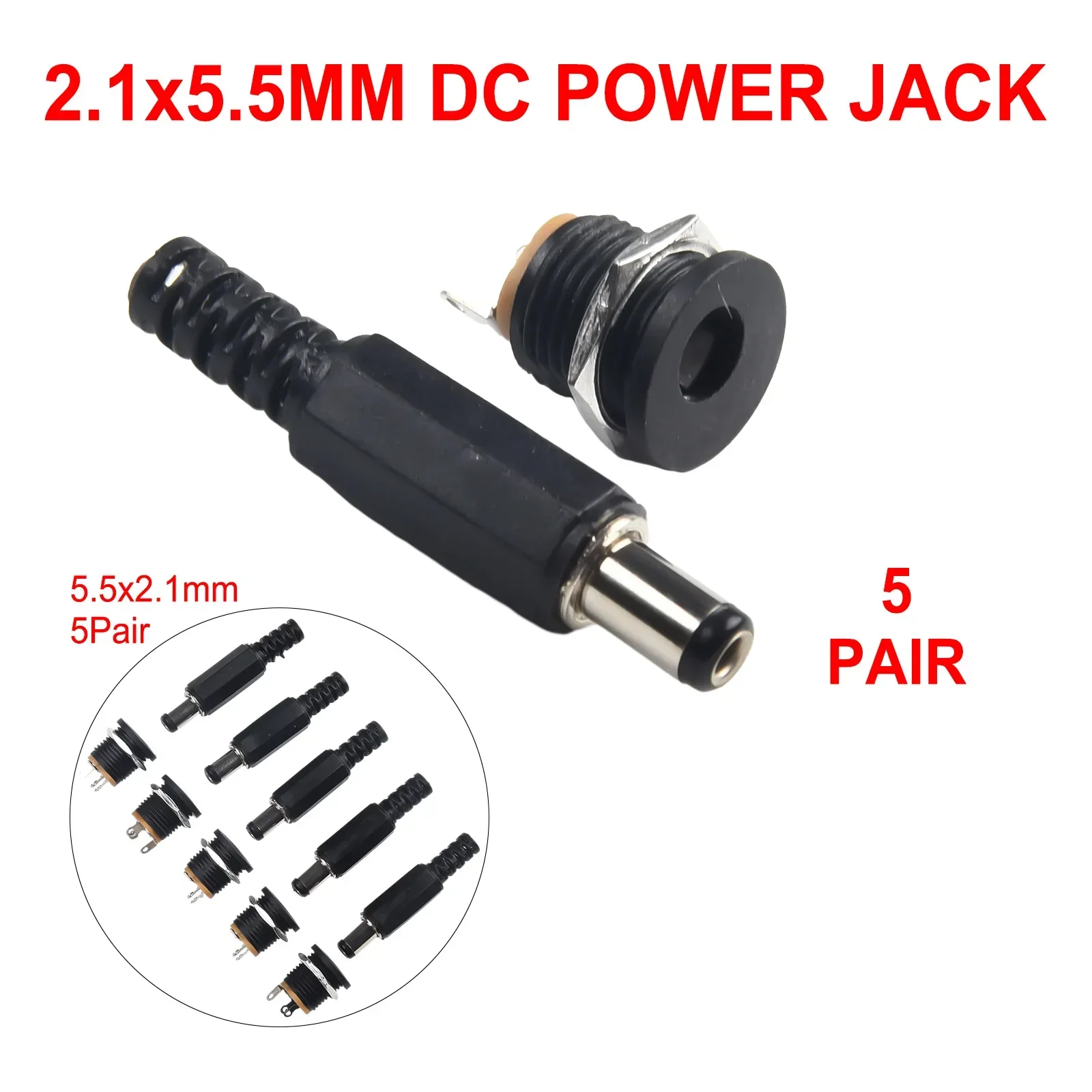 Socket DC Power Plug 5 Pair 1A-5A Mount Nut Quick Connect Replacement Black Connector Male Female Socket Panel