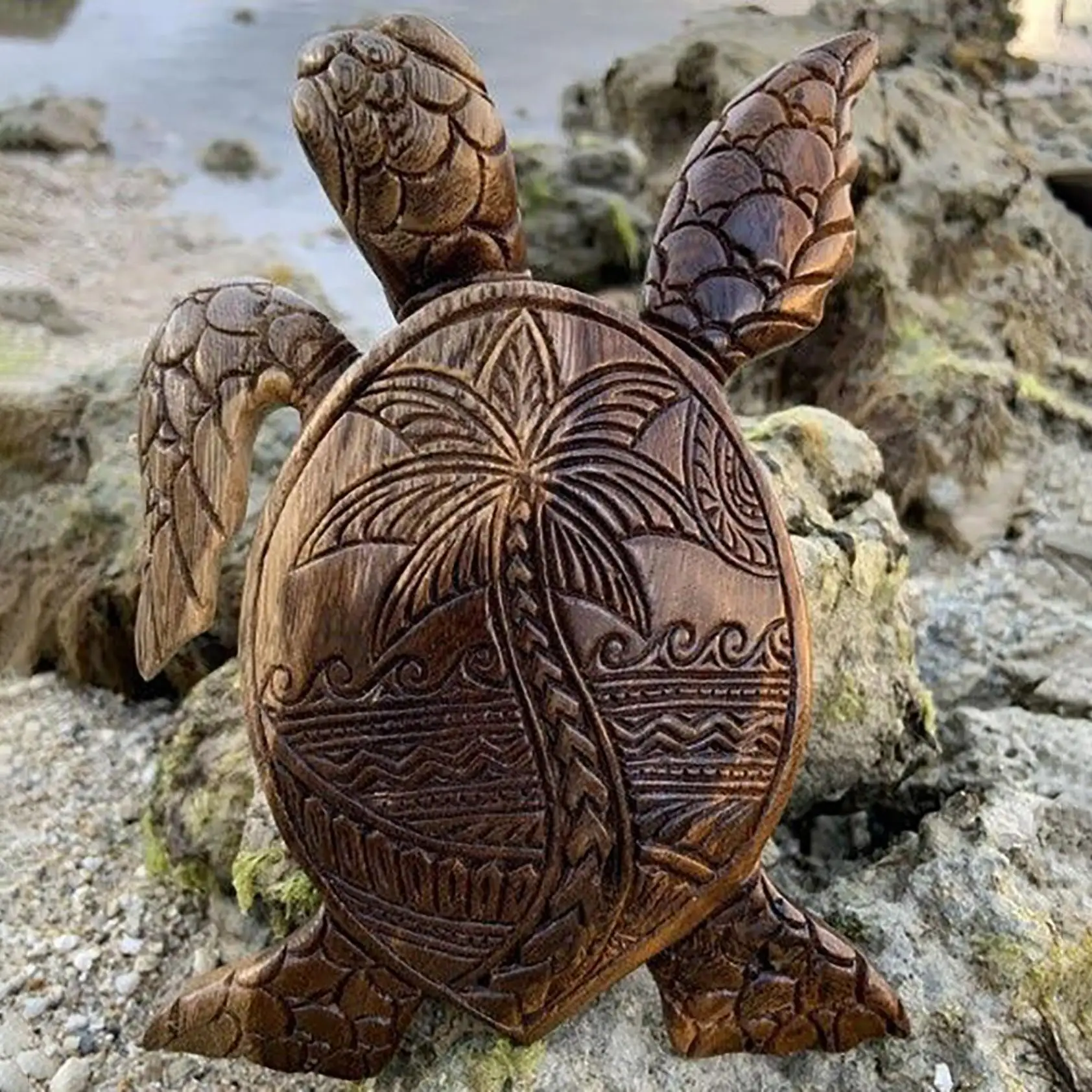 Hawaiian-Sea-Turtle-Wood-Carving-Statue-Resin-Garden-Tortoise-Figurine