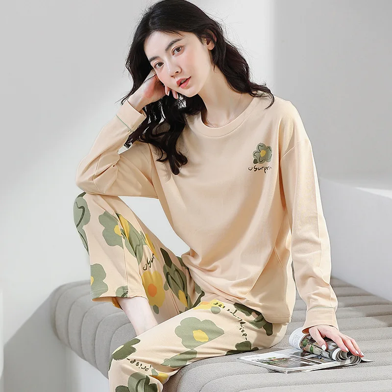 

Новый осенний тонкий пижамный комплект SUO & CHAO из 2 предметов, женская одежда для сна, милый домашний костюм, пижама для девочек с длинным рукавом и круглым вырезом, домашняя одежда, 2023