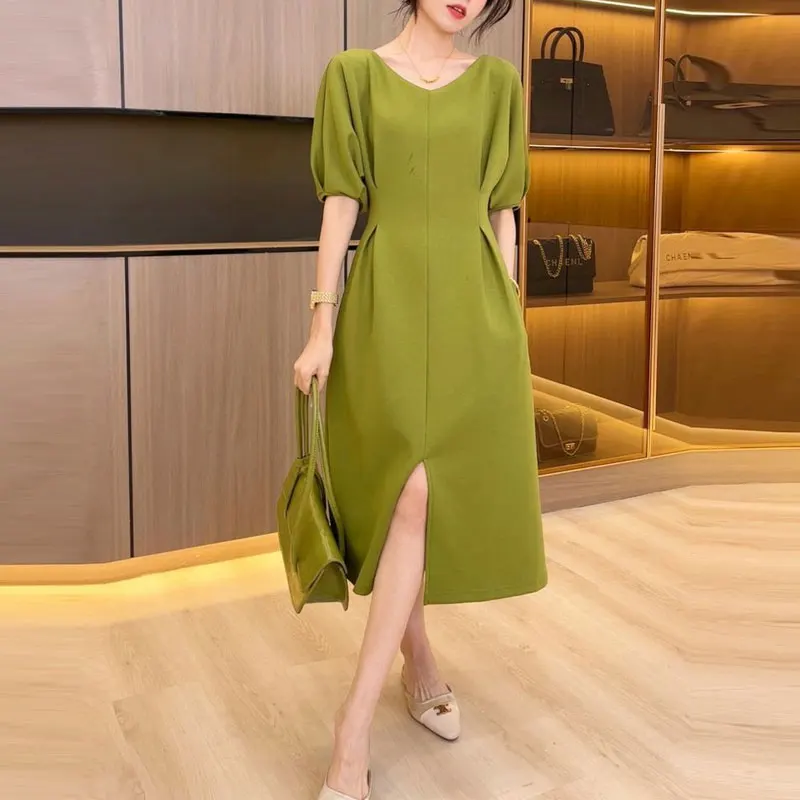 

Female Clothing Elegant V-Neck Midi Dress 2024 Summer Fashion Split Commute A-Line Folds Waist Basic Solid Color Luxury Dresses