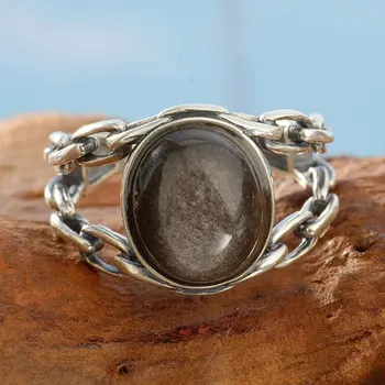 Vintage Interwoven 925 Silver Ring, Natural Silver Sheen Obsidian Handmade Light Luxury Jewelry Gift For Men's and Women's Rings