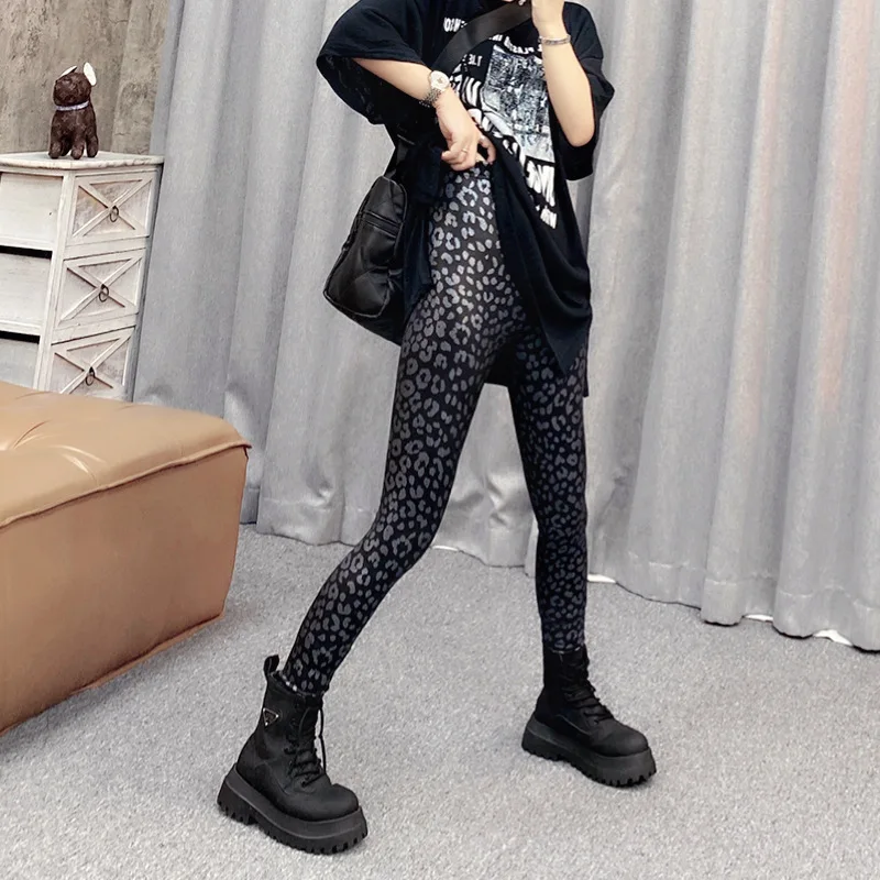 Autumn Winter Black Leopard Women's Skinny Warm Velvet Pants Leggings High Waist Elastic Pencil Trousers
