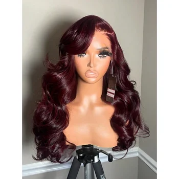 34 Inch 200% 99J Burgundy Color 13x4 Transparent Lace Frontal Wigs Human Hair Body Wave Pre Plucked With Baby Hair For Women 1