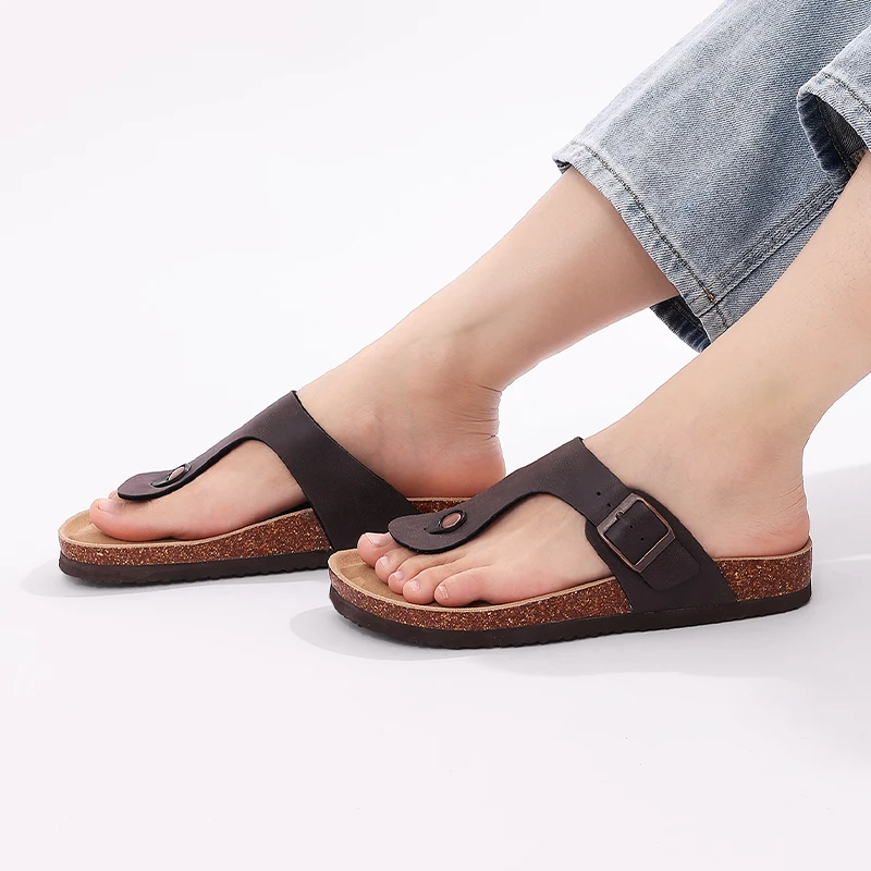 

Eyriphy Summer Men Flat Sandals Cork Footed Slippers With Adjustable Buckle Beach Shoes Arch Support Open Toe Cozy Soft Slides