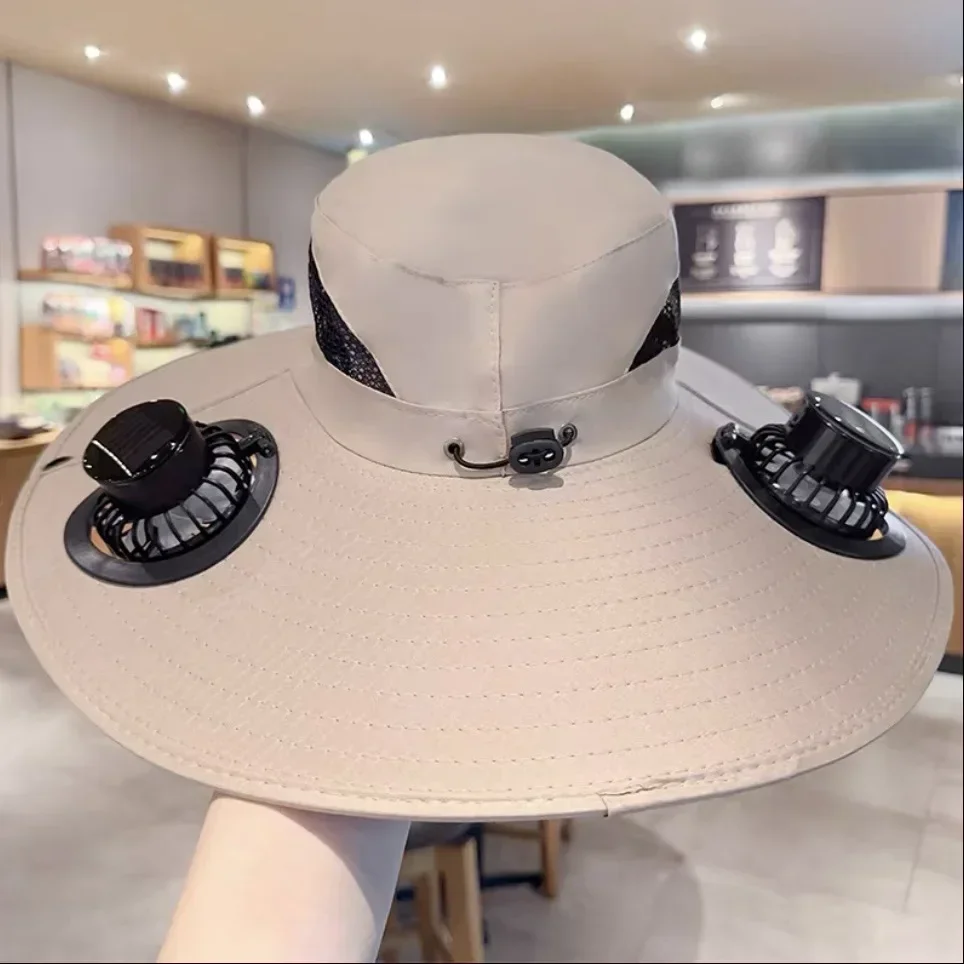 Large Quick Dry Bucket Hat with Solar Fan - USB Charging Sun Hat for Outdoor Activities