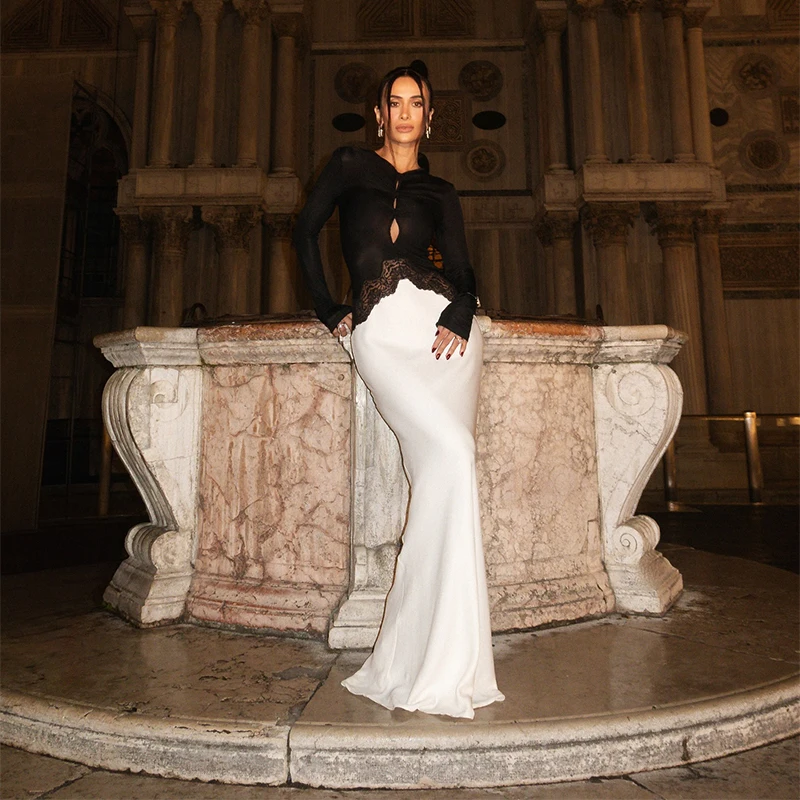 فستان ماكسي أنيق بتطريز الدانتيل للنساء، فستان طوي...