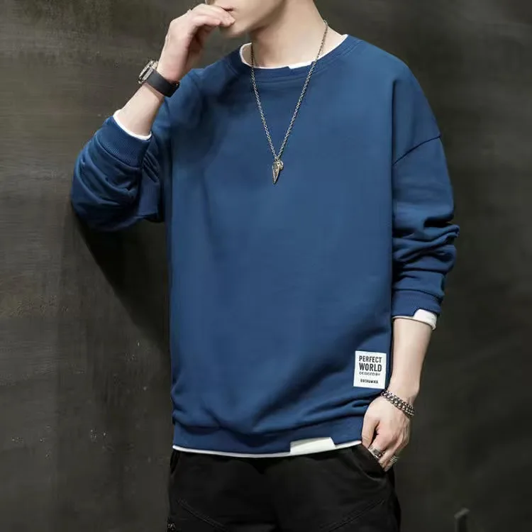 

Mens Casual Sweatshirts Hoodie Men Fake Two Pieces Multi Color O-Neck Fashion Harajuku Style Male Sweatshirt 2023 New