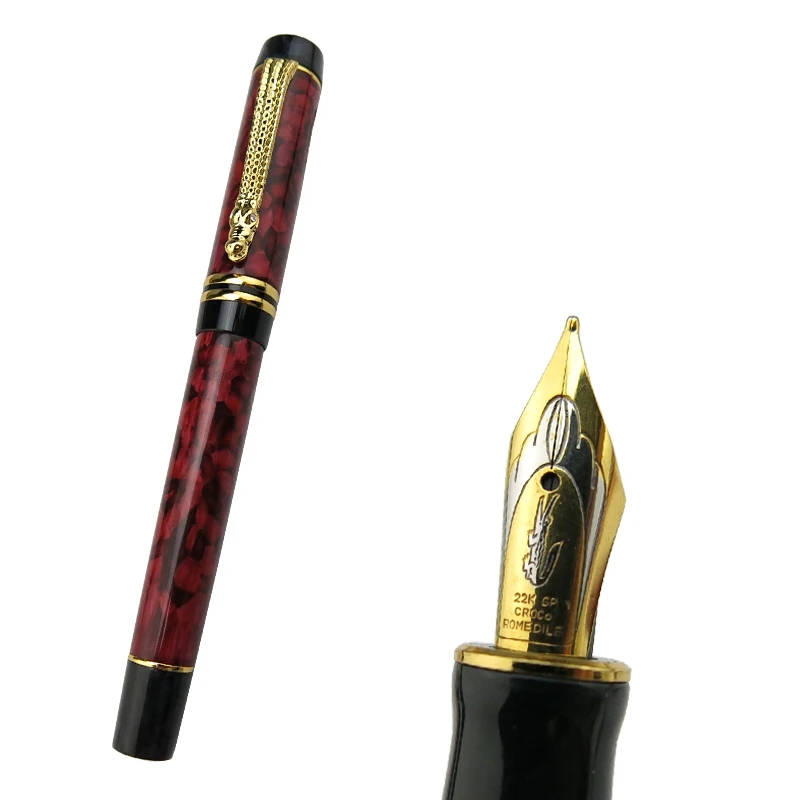 Crocodile Resin Barrel Red Marble Medium Nib 0.7mm Fountain Pen Gold Trim Crocodile Clip Office School Writing Gift Pen