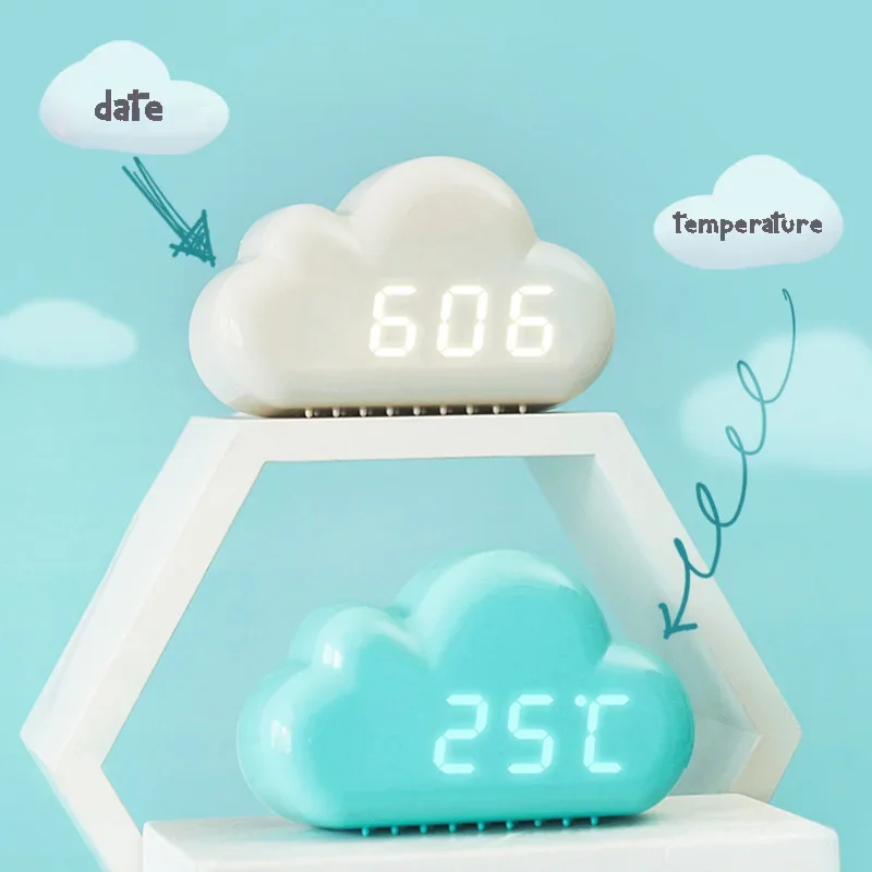 Kawaii Clocks Clouds Alarm Clock Voice Control Led Clocks Bedside Snooze Electronic Clock Calendar Table Clock Digital Clockes
