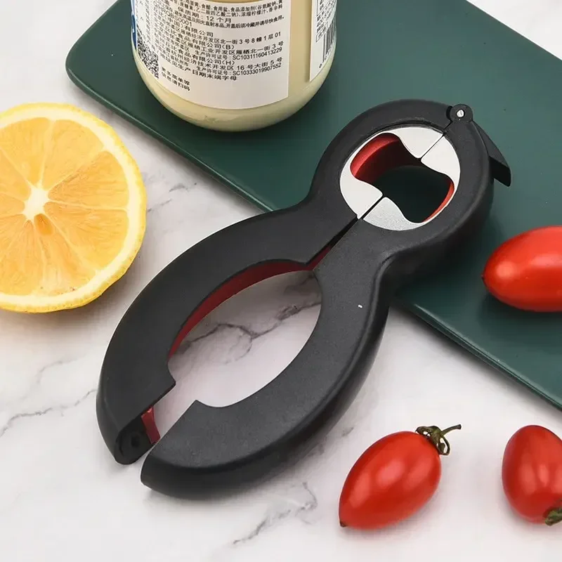 

1Pc Black 6in1 Bottle Opener Portable Multi Functional Red Wine Opener Anti Slip Lid Opener 8 Character Can Kitchen Tool