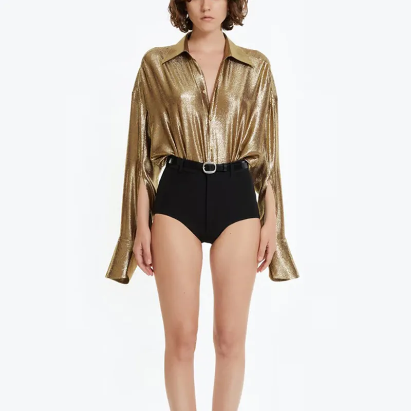 BPN Fashion Party Playsuit For Women Lapel Long Sleeve High Waist Hit Color Streetwear Slimming Playsuits Female Fashion Clothes