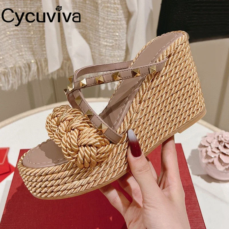 

Designer Brand Platform Slides Rivet Studded Wedge High Heel Slippers Women Summer Dress Shoes For Woman 2023 Sandalias Mujer