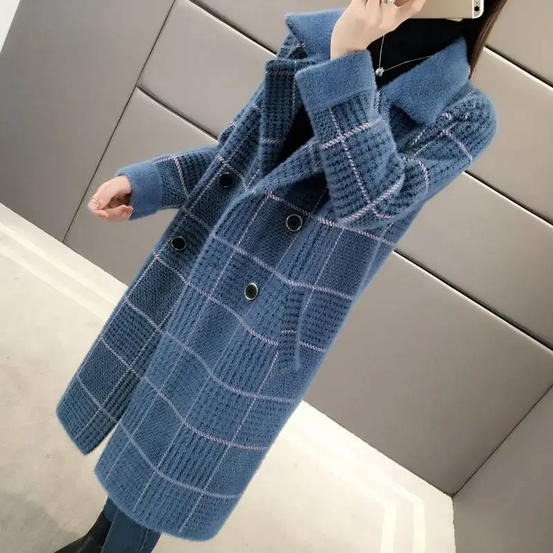 Imitation Mink Cashmere Coat Mid Long Faux Mink Velvet Jacket 2024 Winter Fall Loose Slim Thick Plaid Coat Soft Faux Fur Jackets