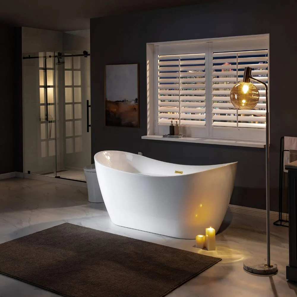 67" Acrylic Freestanding Bathtub Contemporary Soaking White Tub with Brushed Gold Overflow and Drain Easy clean easy maintenance 2