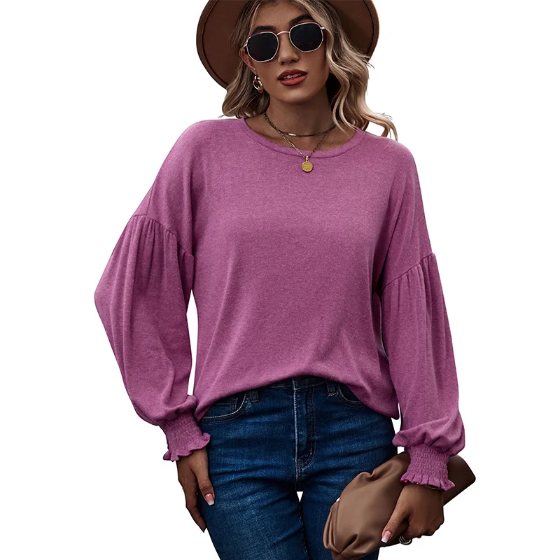 

2024 Spring and Autumn Round Neck Folding Lantern Sleeves Ladies Long Edition T-shirt