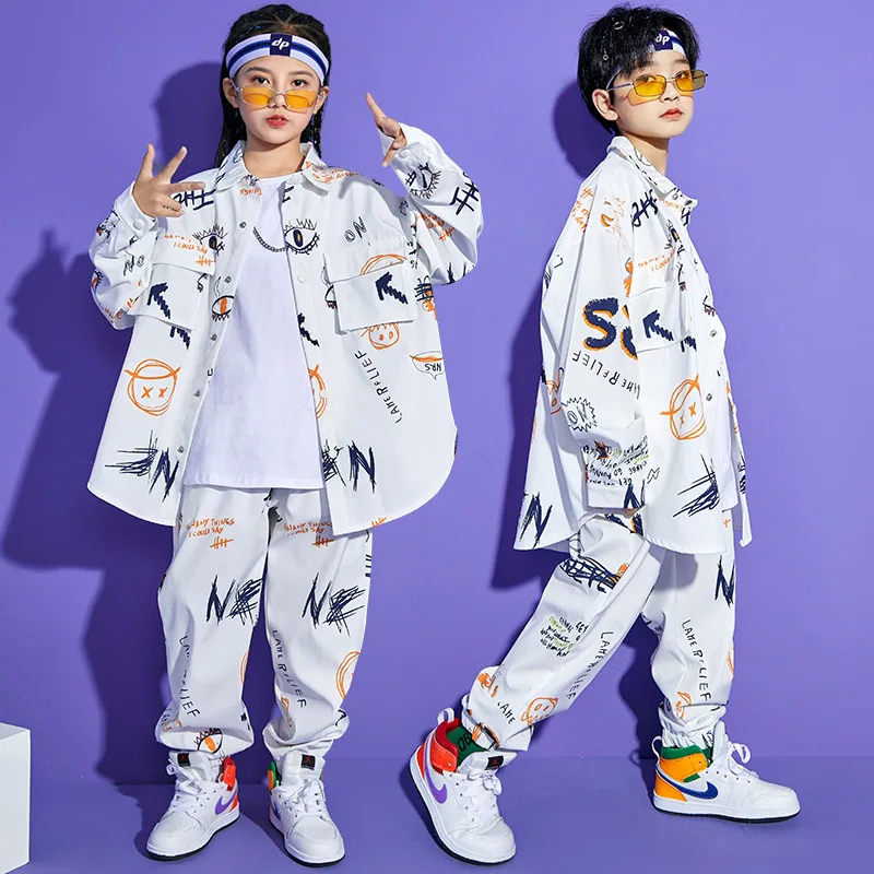 Fashion Graffiti White Hip Hop Costumes 4 Girls Boys Ballroom Stage Outfit Perform Kids Dance Competition Jazz Dancing T Shirts