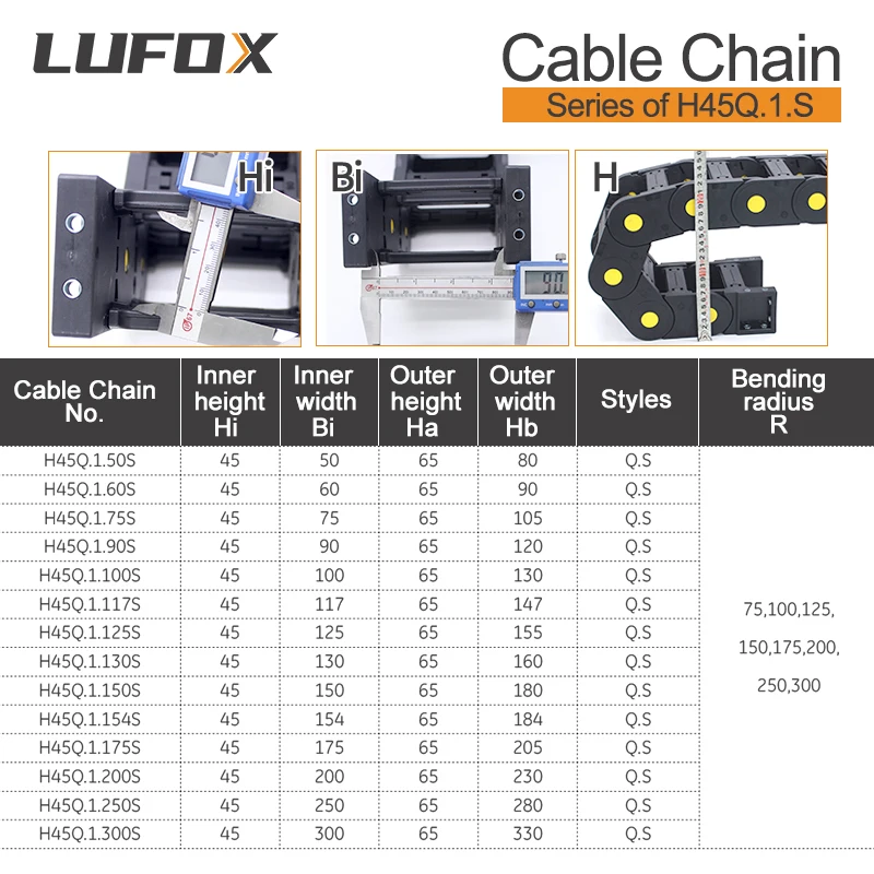 High quality 1-meter cable drag chain. Series of H45Q.1.S-Bridge type open of both side