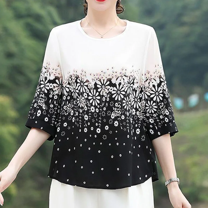 

Summer High Waist Oversized Elegant Fashion Casual T-shirts for Women Cotton Linen Print O Neck Short Sleeve Retro Chic Y2K Tops