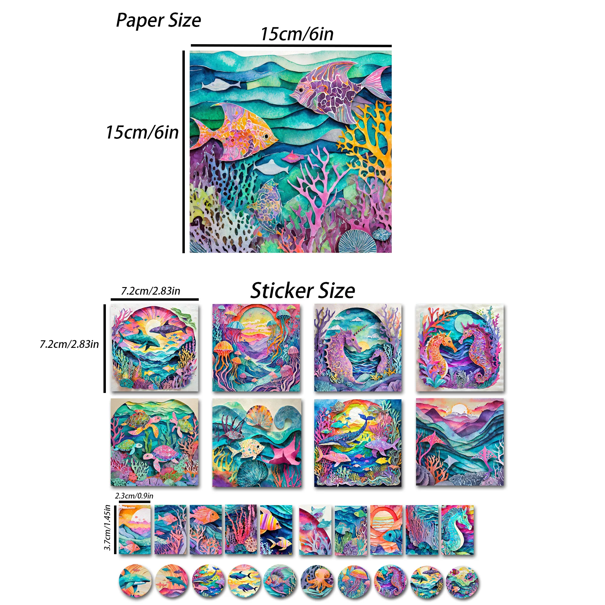 수채화 수중 세계 DIY 스크랩북 세트, 미니 선물 포장, 저널 용품, 예술에 적합, 68 장 (12 장 + 56 스티커)