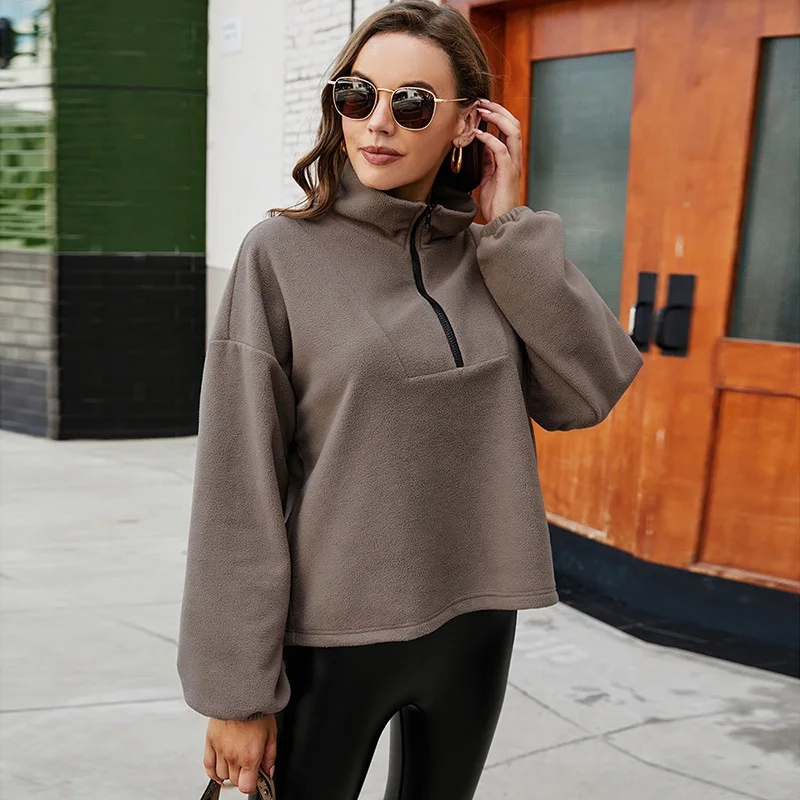 2022 Autumn and Winter Zipper Polar Fleece Solid Color Long-sleeved Jacket Fashion Stand-up Collar Plush Pullover Sweater Women