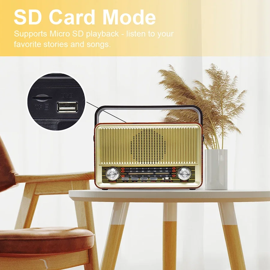 Portable Bluetooth Speaker Radio FM/AM/SW Card TF USB MP3 Music Player Wooden Retro