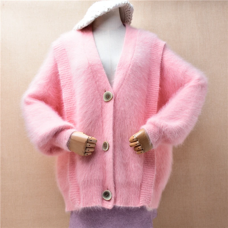 

Ladies Women Fall Winter Clothing Pink Hairy Mink Cashmere Knitwear Inside V-Neck Loose Cardigans Angora Fur Coat Sweater Pull