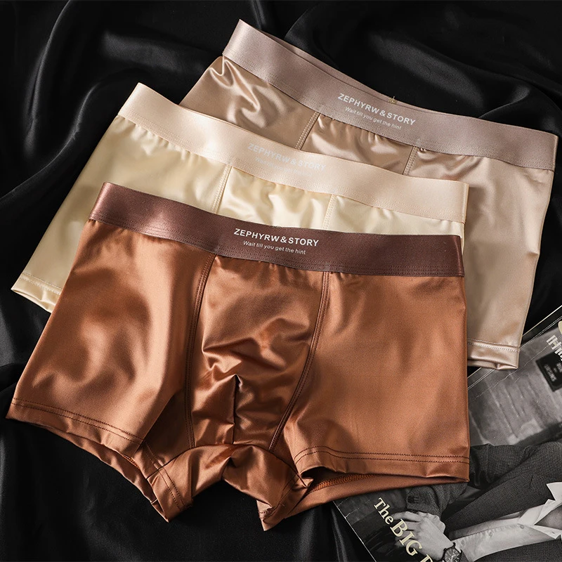 Luxury Ice Silk Satin-like Men's Boxershort Panties 3D Double-layer Crotch Breathable Comfortable Cool Underpants Man Underwear