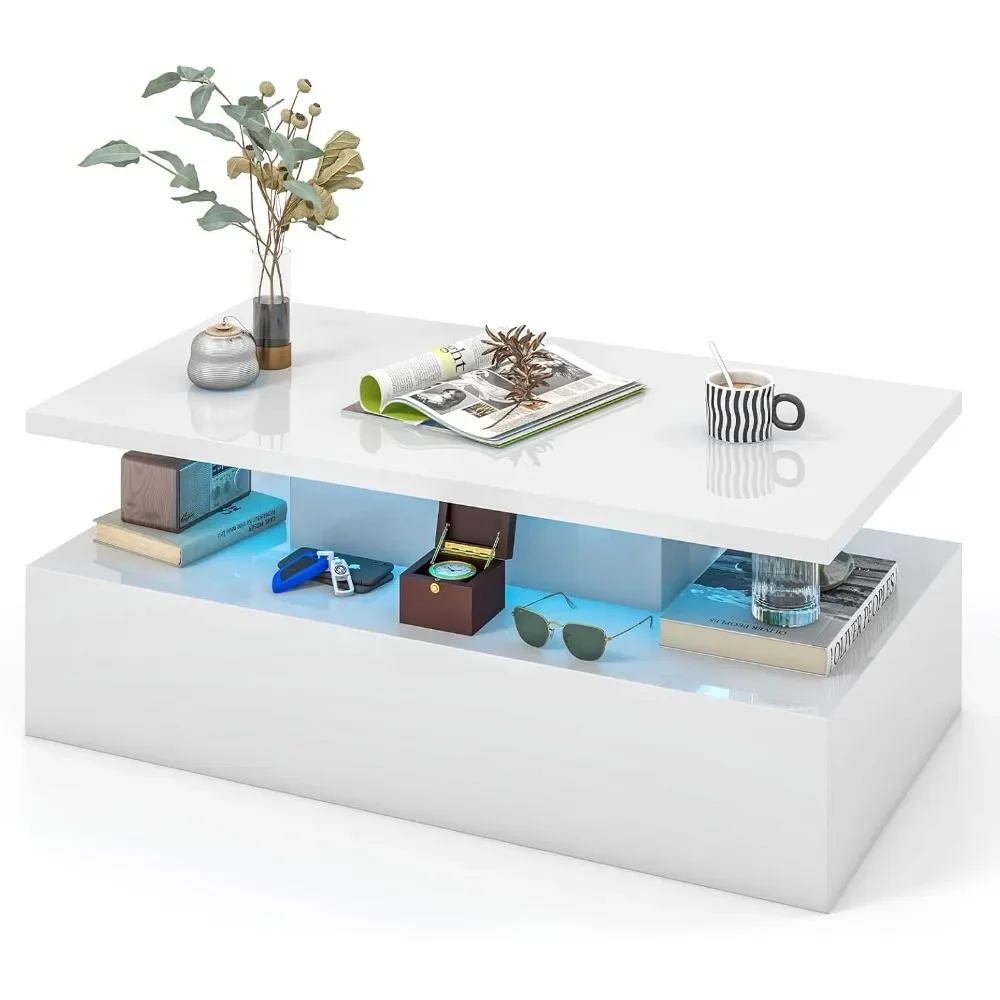 LED Coffee Table, Modern High Gloss Coffee Table w/ 20-Color LED Lights,2-Tier Rectangle Living Room Center Table