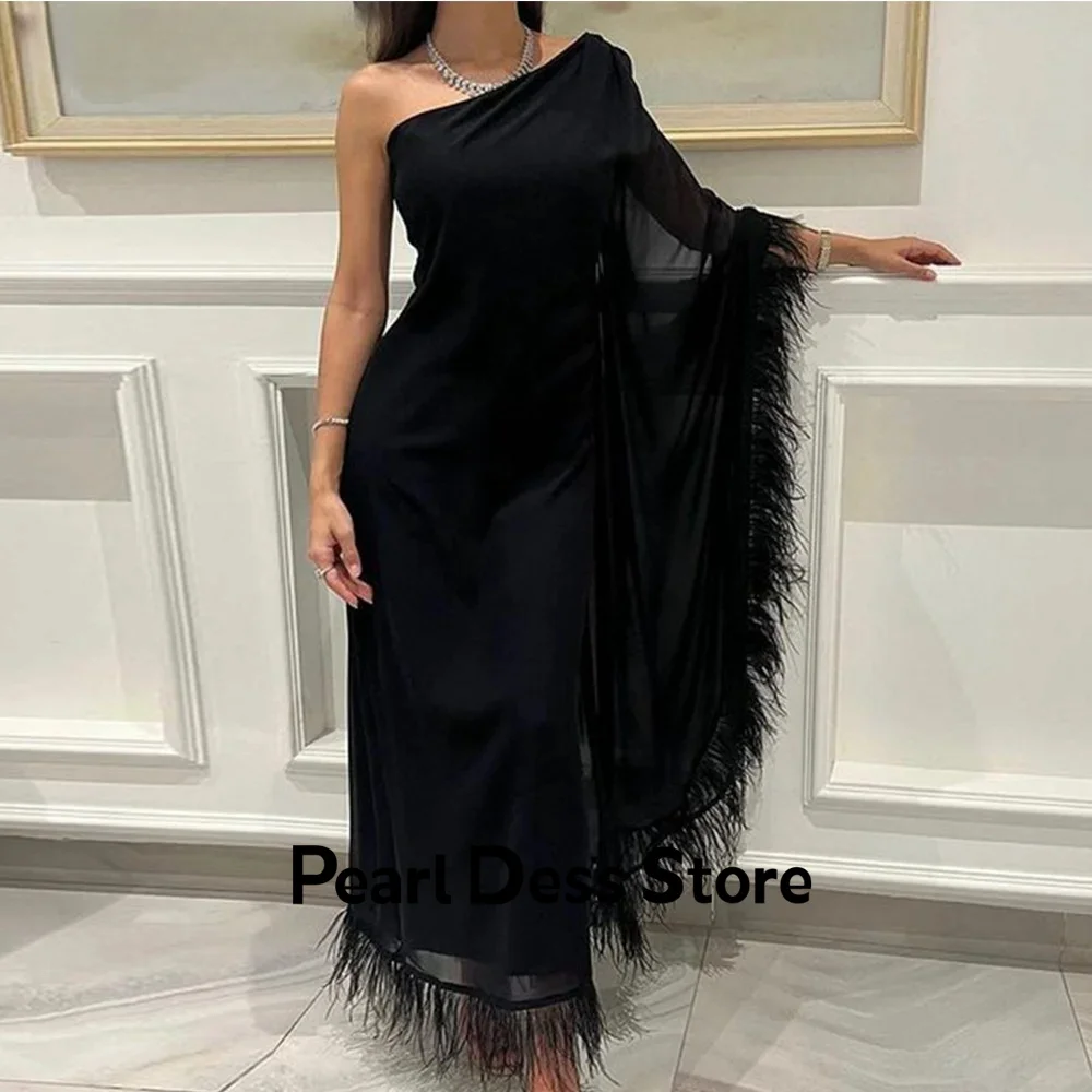 

Роскошное украшение с перьями, бальное платье с одним рукавом, женское черное шелковое шифоновое вечернее платье Grace Mermaid