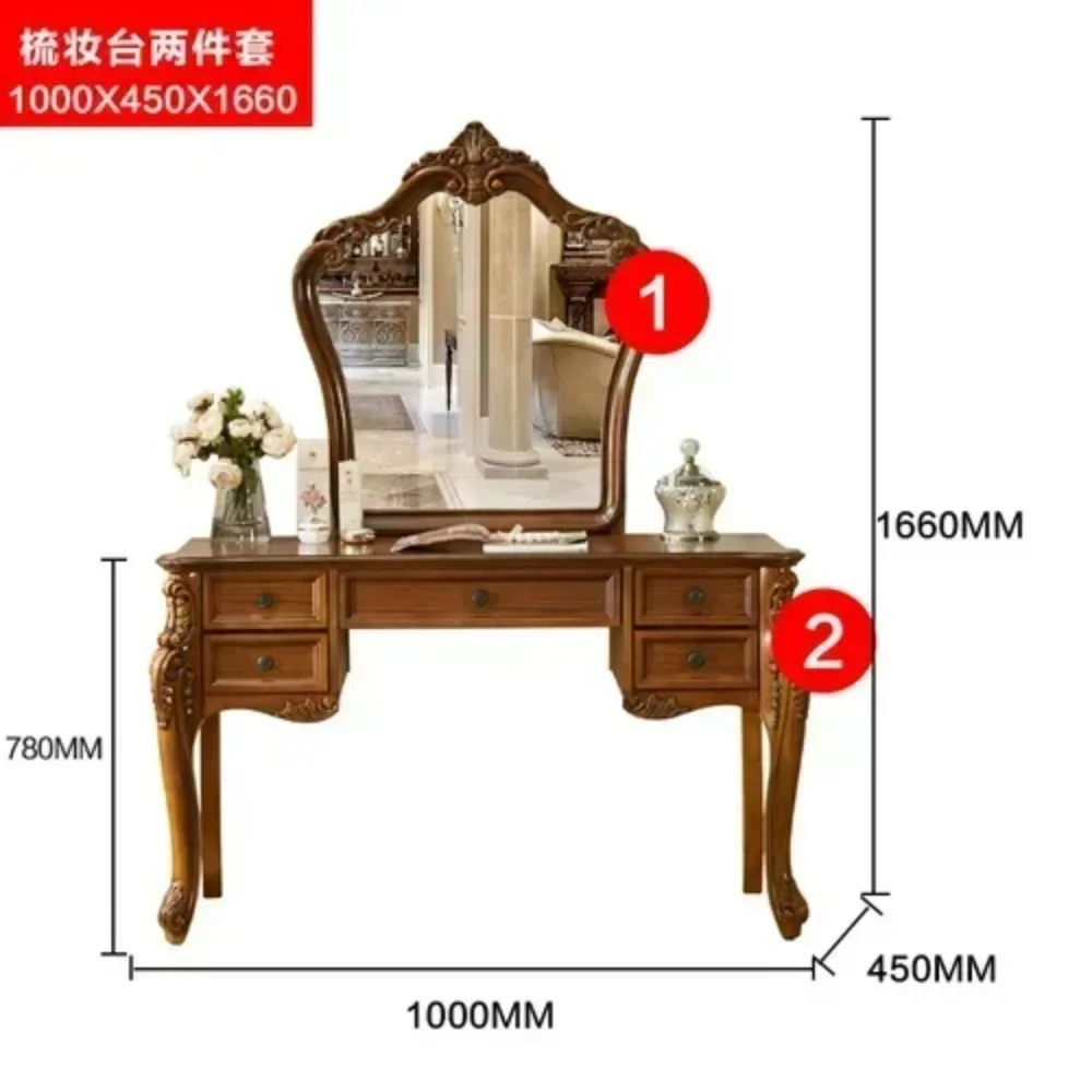 2024 American Dressing Table Bedroom Vintage Upscale Makeup Table European Solid Wood Carved Dresser Makeup Mirror Combination - Image 6