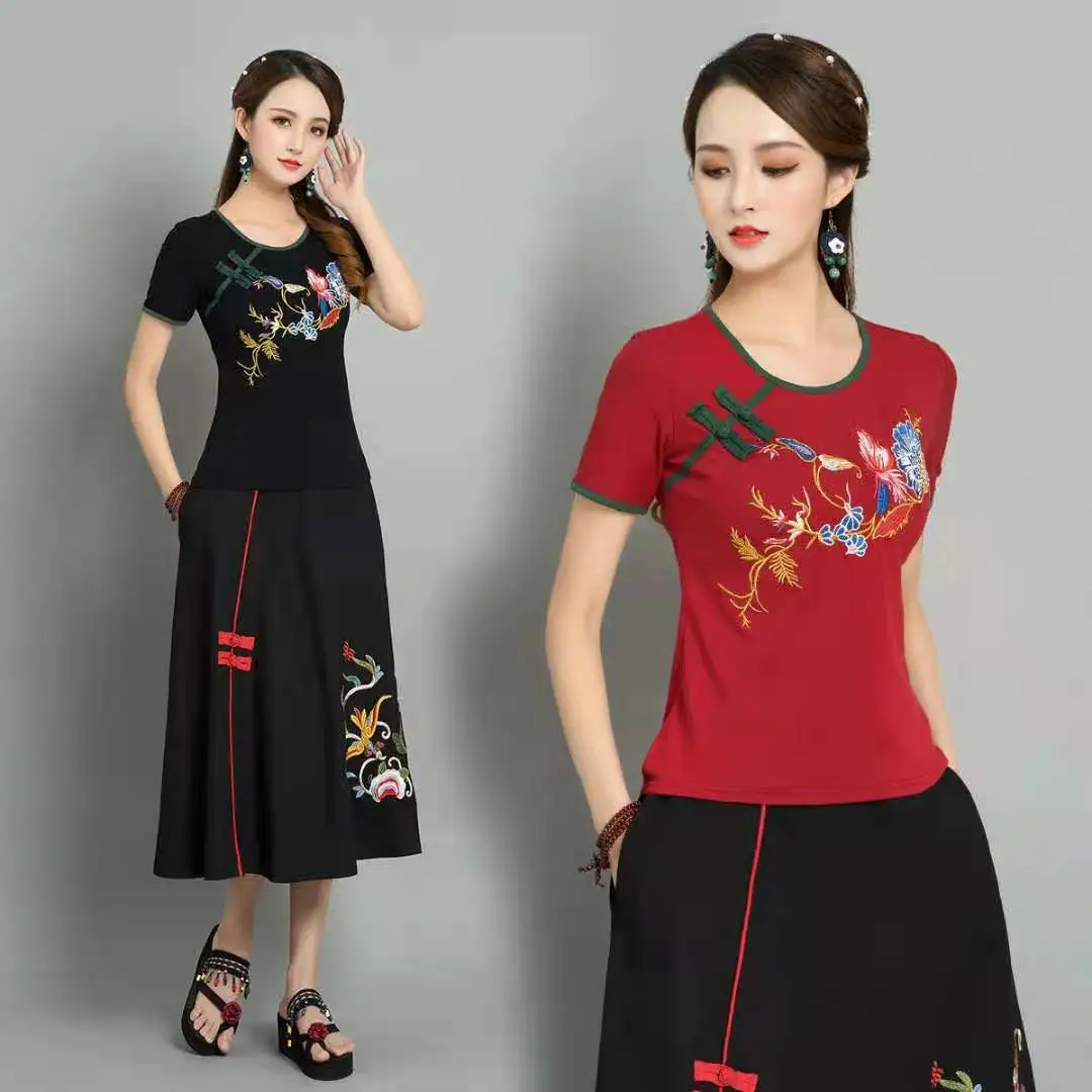 Cotton Linen Traditional Chinese Vintage Cheongsam Tops Embroidery Women O-neck Loose Style Clothing Retro Skirt Outfits