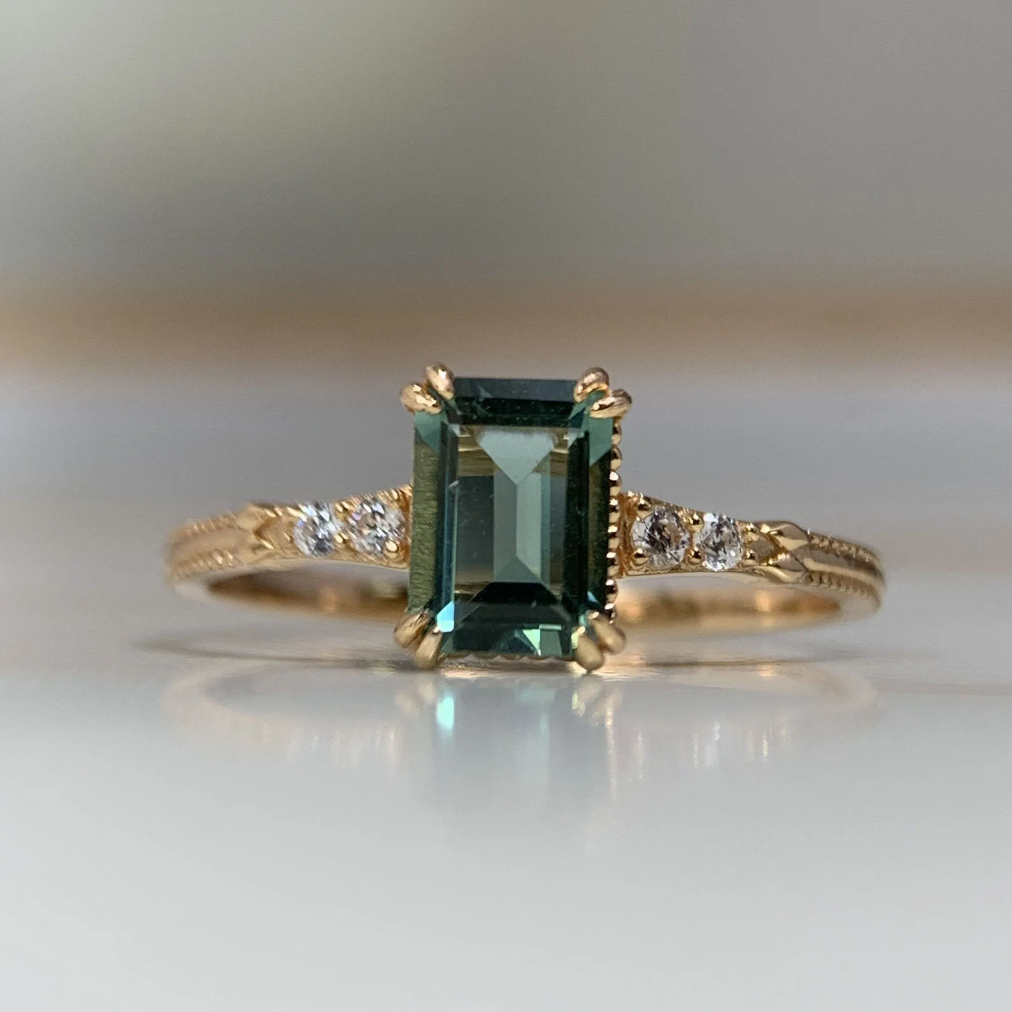 

Natural Green Amethyst Ring, Emerald Cut Green Amethyst Engagement Ring,February Birthstone Personalized Ring