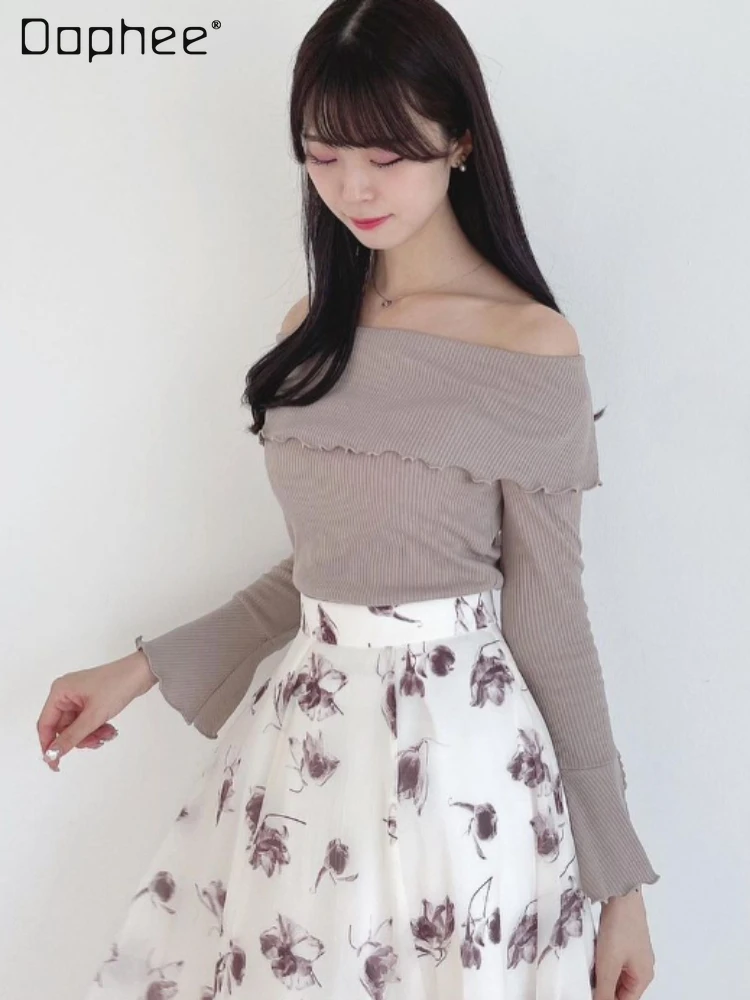 

Elegant Woman Off-Shoulder Lapel Knitwear 2023 Early Autumn New Office Pullover Long Bell Sleeve Slim Fit Knitted Tops Ladies